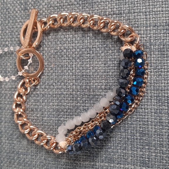 Toggle Bracelet Blue Beads Gold Chain Adjustable Length Fun Lightweight - Picture 2 of 6